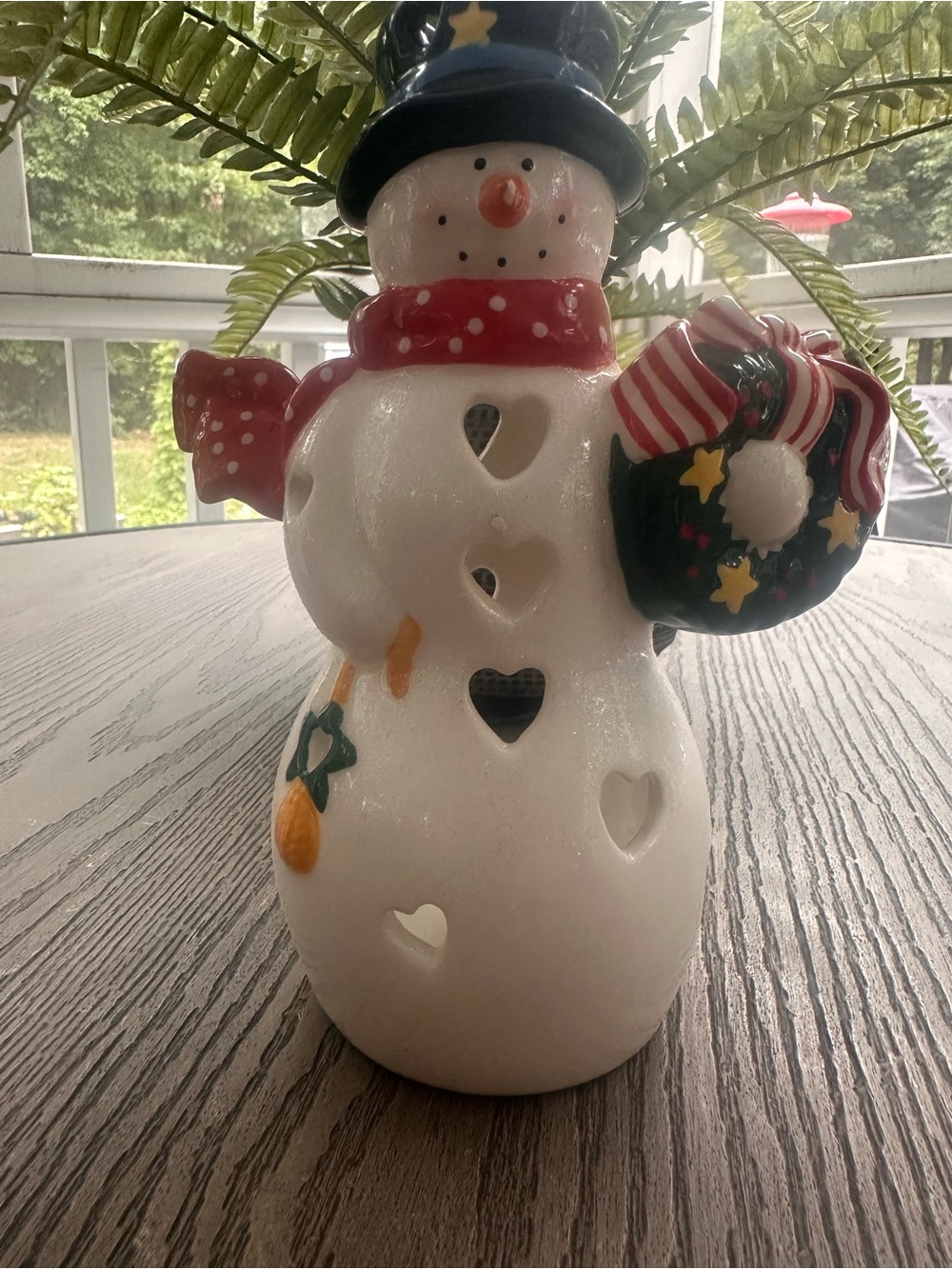 Hallmark White Snowman Candle Holder with Red Scarf and Blue Hat
